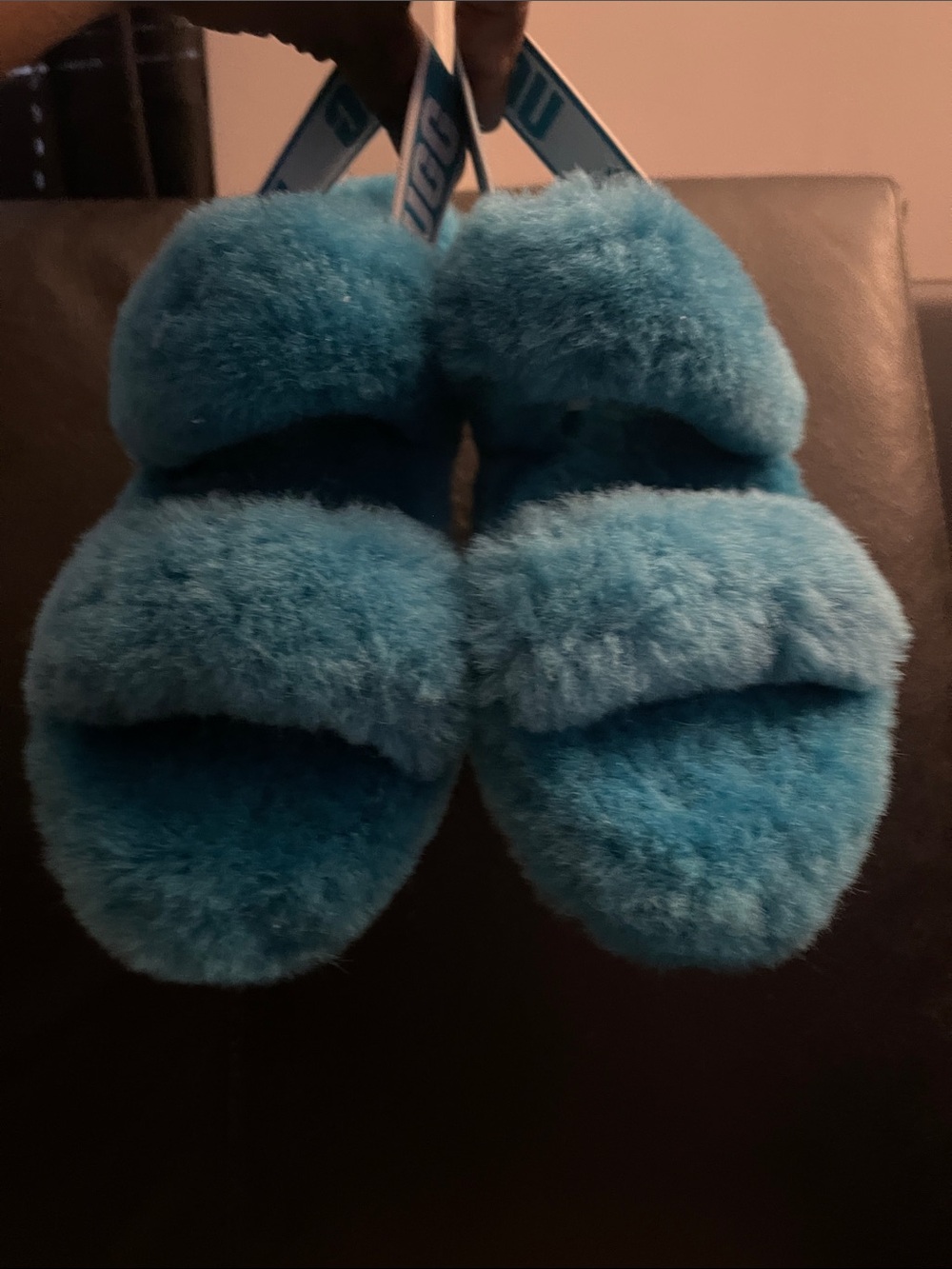UGG Women’s Teal Fuzzy Oh Yea Sandals Slide Slippers Size 7 NWOB
